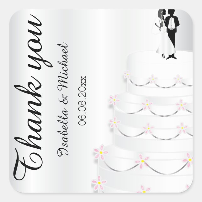 Hochzeitstorte Vielen Dank Quadratischer Aufkleber (Vorderseite)