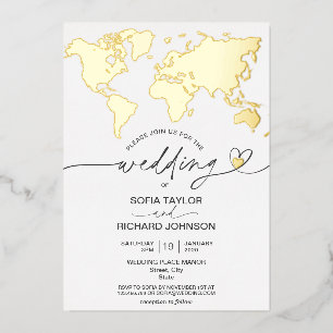 Hochzeitstorte Weltkarte Typografie Gold Foil Folieneinladung