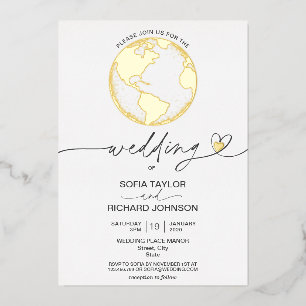 Hochzeitstorte Weltkarte Typografie Gold Foil Folieneinladung