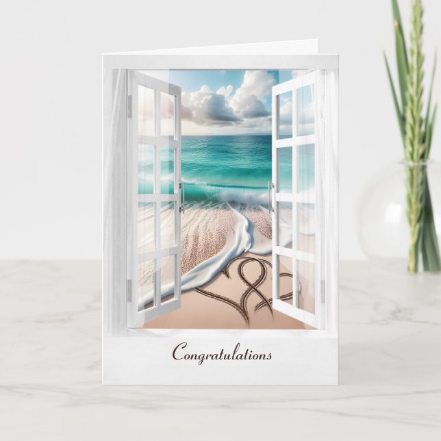 Hochzeitstrandherzen im Fenster Karte (Vorderseite)