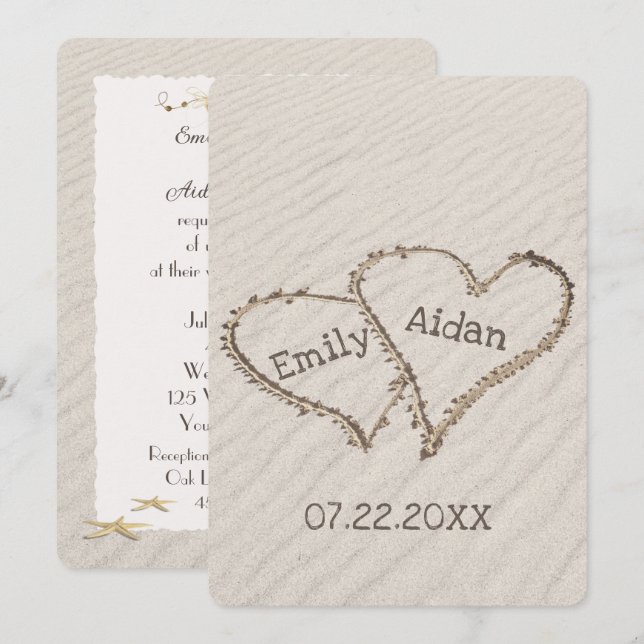 Hochzeitstrandherzen mit Namen Einladung (Vorne/Hinten)