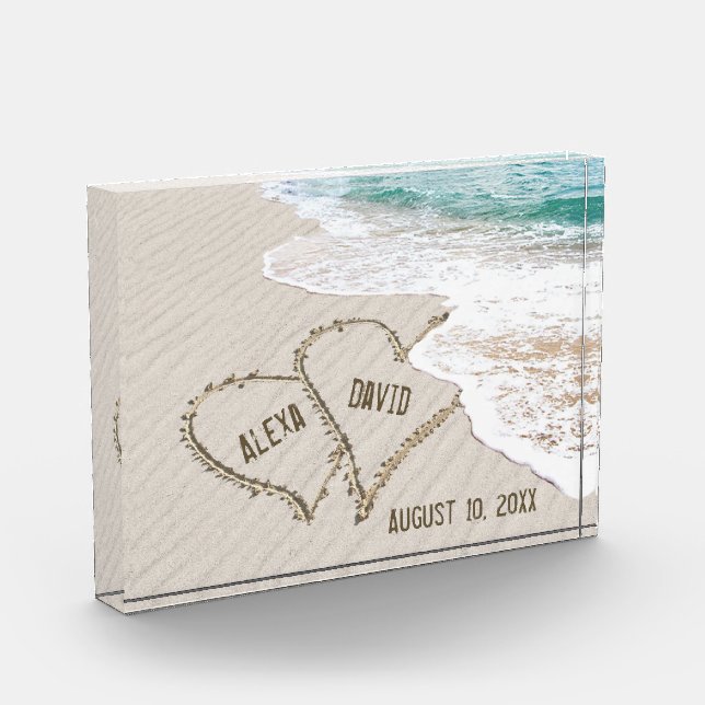 Hochzeitstrandherzen mit Namen Fotoblock (Links)