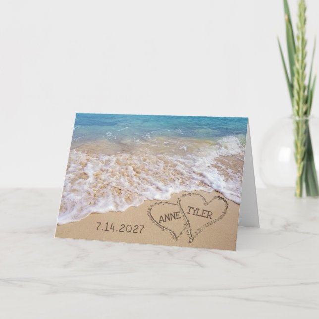 Hochzeitstrandherzen mit Namen Karte (Vorderseite)