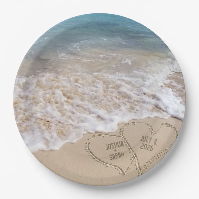 Hochzeitstrandherzen mit Namen Pappteller (Vorderseite)
