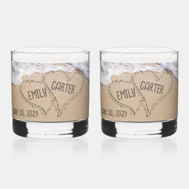Hochzeitstrandherzen mit Namen Whiskyglas (Rückseite)