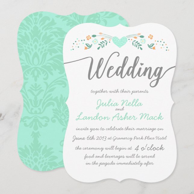 Hochzeitstypografie Folk Art Floral Wedding Einlad Einladung (Vorne/Hinten)