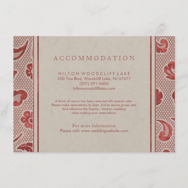 Hochzeitsunterkunft in Kraft Red Lace Land Begleitkarte (Vorderseite)