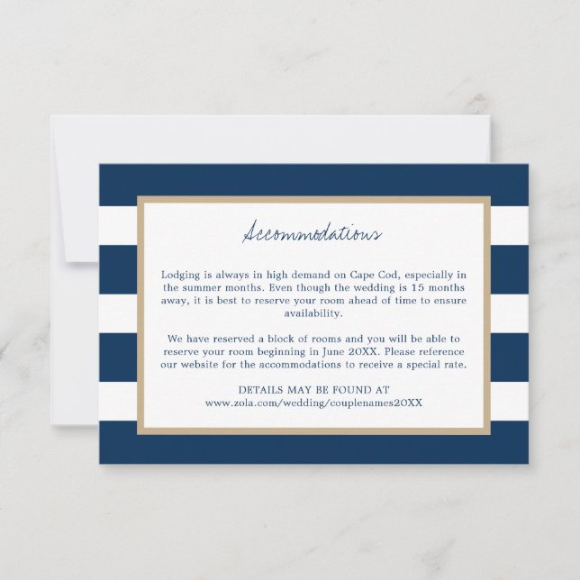 Hochzeitsunterkünfte für Navy Blue Stripes Gold Tr Save The Date (Vorderseite)