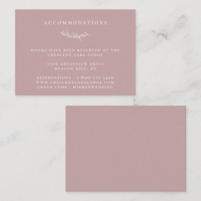Hochzeitsunterkünfte in der Rose Dusty Botanical B Begleitkarte (Vorne/Hinten)