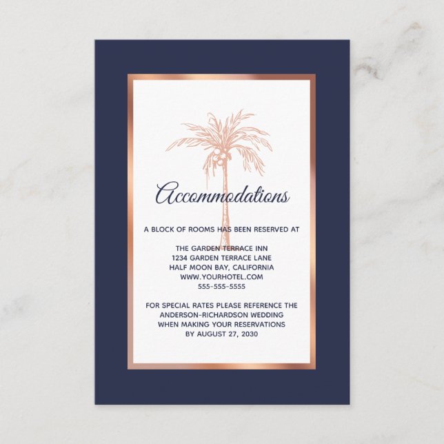 Hochzeitsunterkünfte in Gold Palm Tree Navy Rose Begleitkarte (Vorderseite)