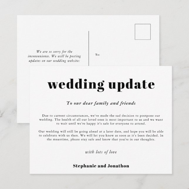 Hochzeitsupdate Typografisch Schwarz-weiß Ankündigungspostkarte (Vorne/Hinten)