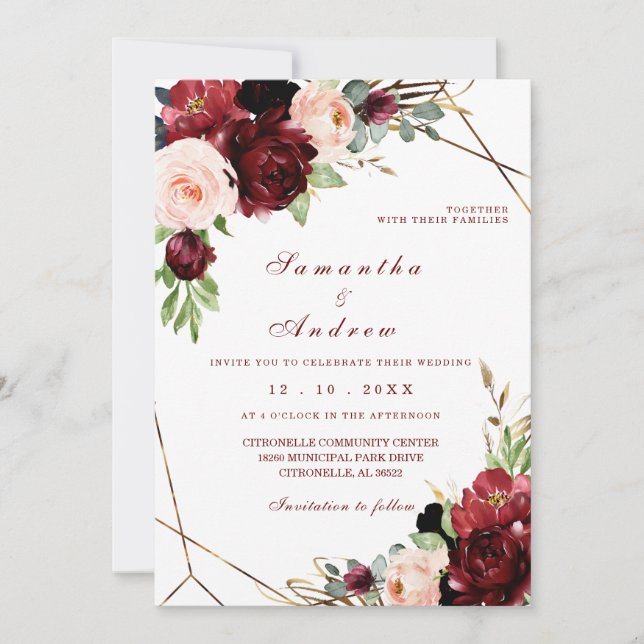 Hochzeitsvorlage für Burgund und Blush Einladung (Vorderseite)
