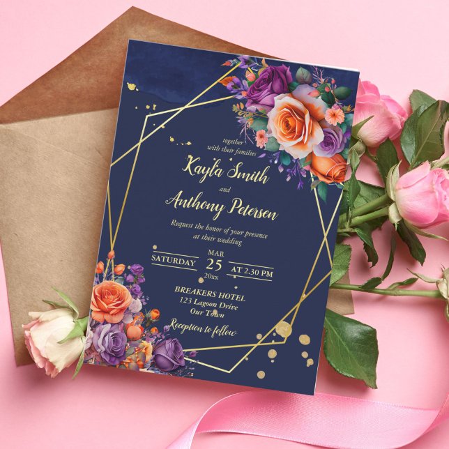 Hochzeitsvorlage für lila Navy-Orange-Rose Einladung (Von Creator hochgeladen)