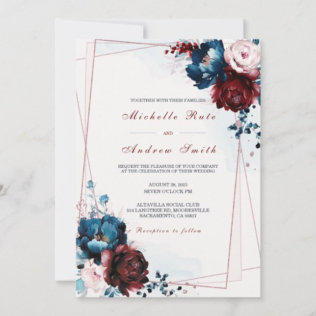 Hochzeitsvorlage für Navy Blue Burgundy und Rose Einladung (Vorderseite)