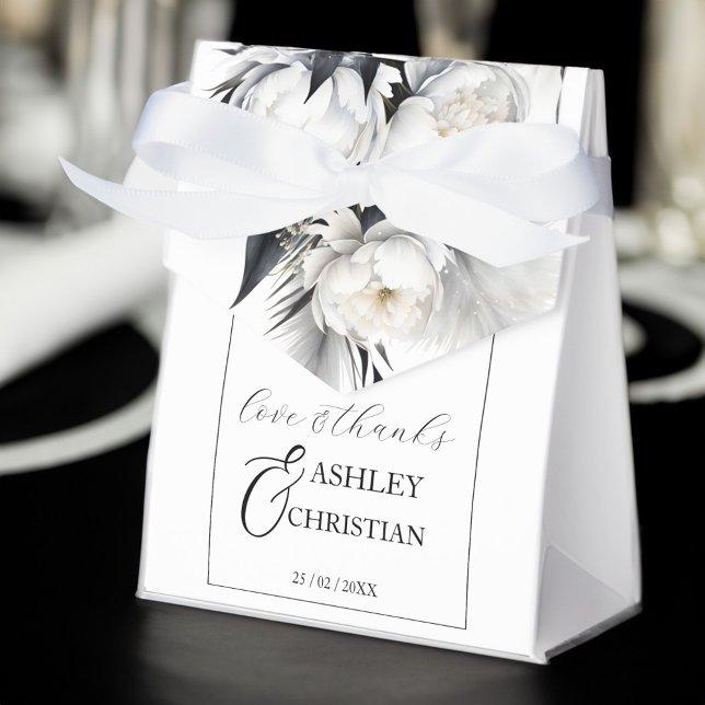 Hochzeitsvorlage für Schwarzweiß-Blume Geschenkschachtel (Black and white boho flowers wedding template favor box white peonies personalized favor box)