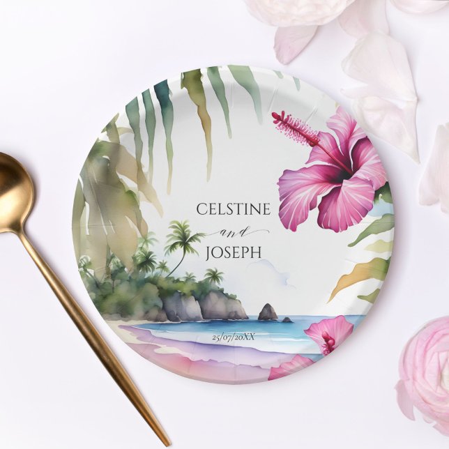 Hochzeitsvorlage für tropische Strandpalmen Hibisk Pappteller (Tropical beach palms hibiscus wedding template plates beach wedding tableware personalized plates)