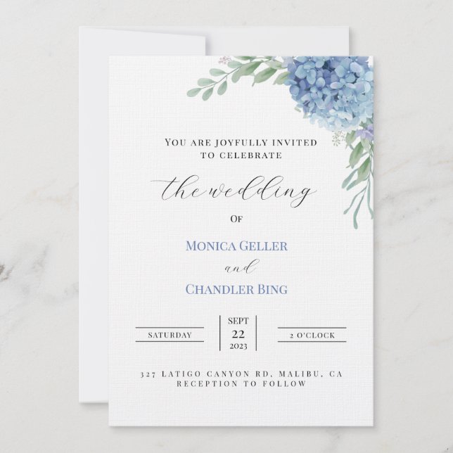 Hochzeitsvorlage mit blauen Hydrangen Einladung (Vorderseite)