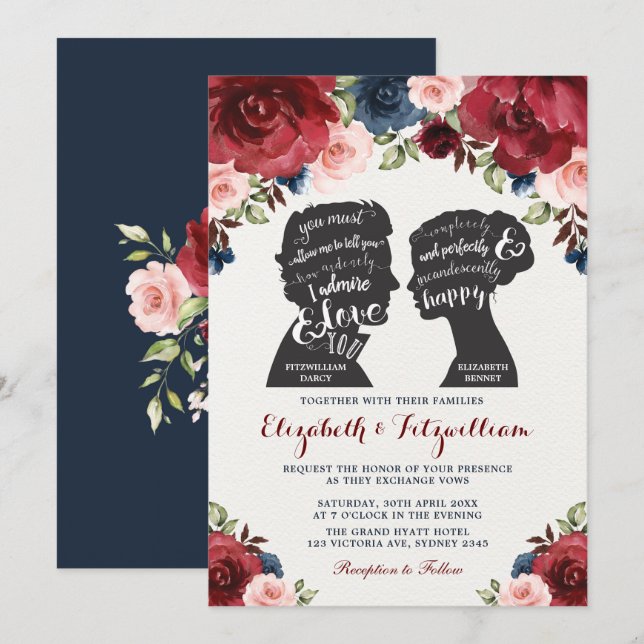 Hochzeitsvorurteil der Burgund Navy Blush Einladung (Vorne/Hinten)