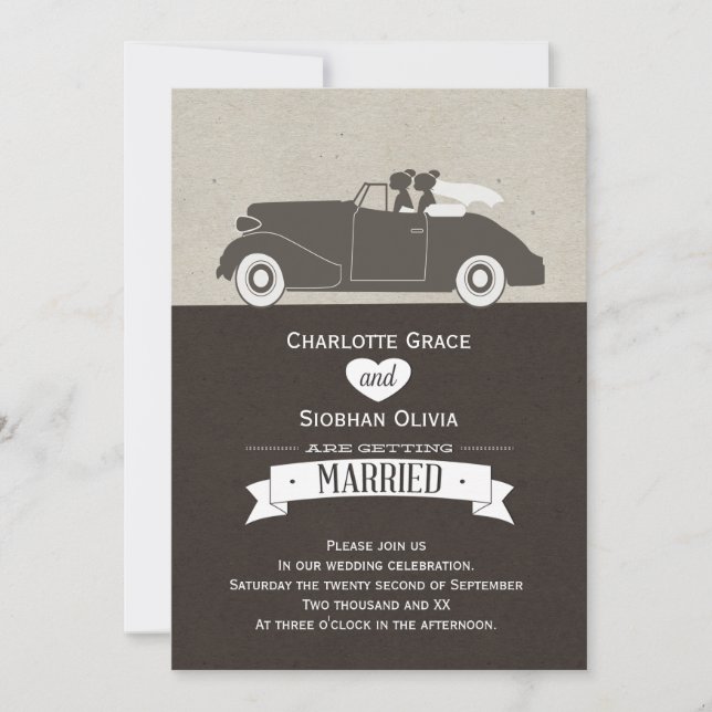 Hochzeitswagen zwei Bräute Lesben Hochzeit Einladung (Vorderseite)