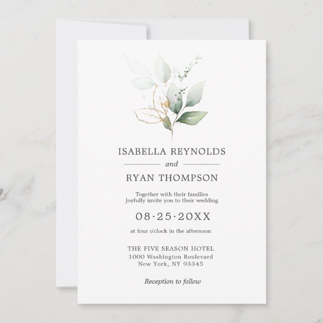 Hochzeitswasser-Blätter Branches Gold Green Invi Einladung (Vorderseite)