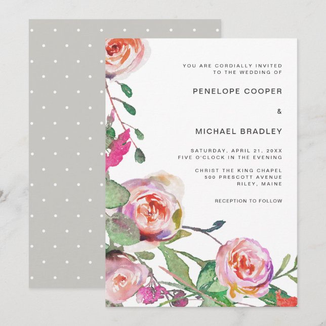 Hochzeitswasser mit Aquarellblumen und Doten Einladung (Vorne/Hinten)