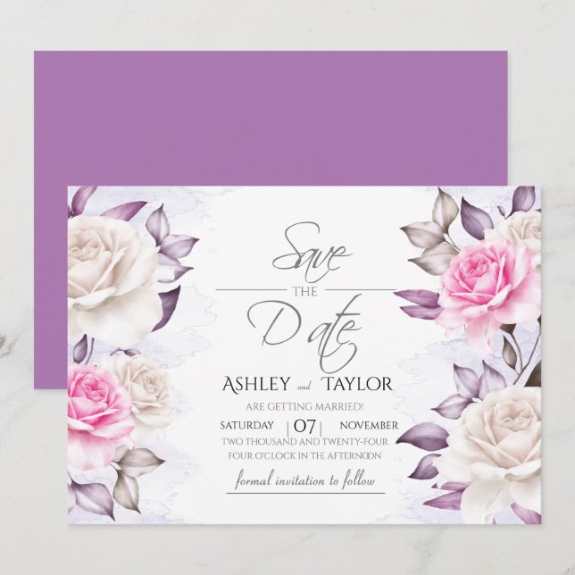 Hochzeitswasser mit Lila und rosa Wasser Save The Date (Vorne/Hinten)
