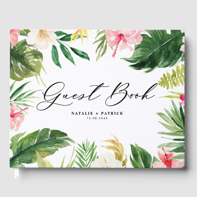 Hochzeitswasser mit tropischen Blumen Gästebuch (Vorderseite)