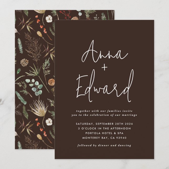 Hochzeitswasserfarbe botanische Blumenbraun, moder Einladung (Vorne/Hinten)
