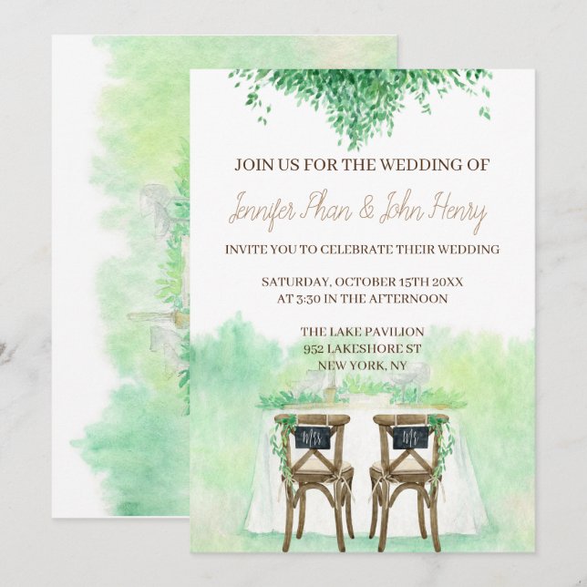 Hochzeitswasserfarbe mit Hochzeitstisch und Stühle Einladung (Vorne/Hinten)