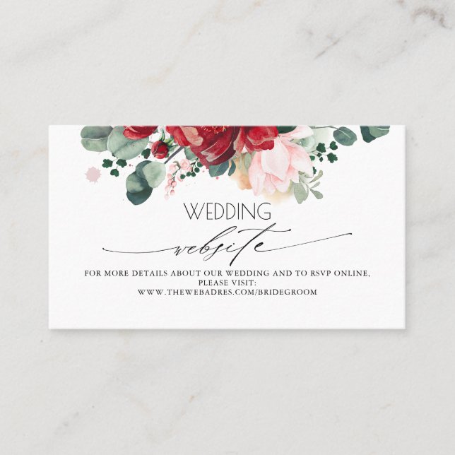 Hochzeitswebsite Burgundy Red and Blush Pink Visitenkarte (Vorderseite)
