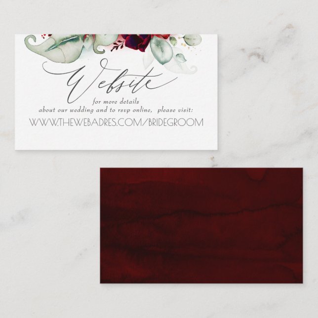 Hochzeitswebsite Burgundy Red Floral Visitenkarte (Vorne/Hinten)