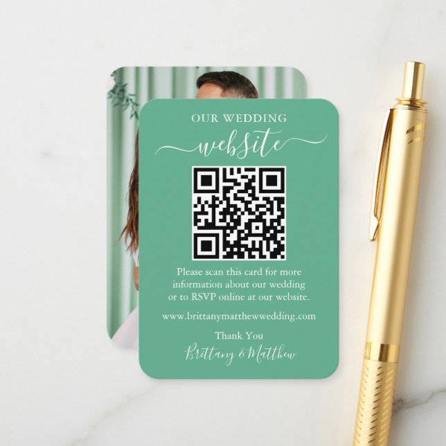 Hochzeitswebsite Foto QR Neo Mint Green Begleitkarte (Vorderseite/Rückseite Beispiel)