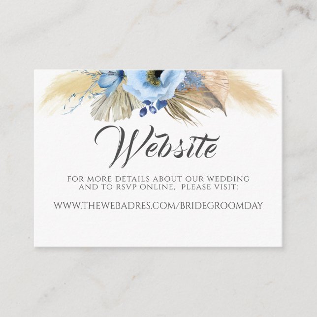 Hochzeitswebsite Pampas Grass Dusty Blue Floral Visitenkarte (Vorderseite)