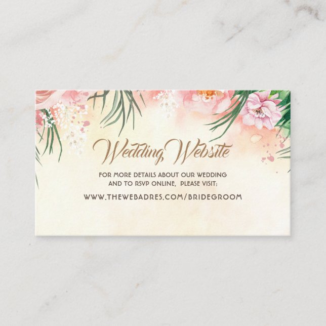 Hochzeitswebsite Rosa tropische Blume & Palmblätte Visitenkarte (Vorderseite)