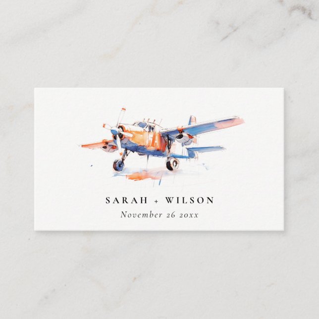 Hochzeitswebsite zum Blue Orange Blush Airplane Begleitkarte (Vorderseite)