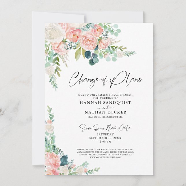Hochzeitswechsel Plänen Blush Pink Floral Einladung (Vorderseite)