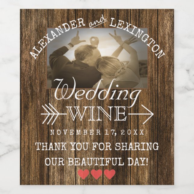 Hochzeitswein | Personalisiertes rustikales Foto Weinetikett (Einzelnes Label)