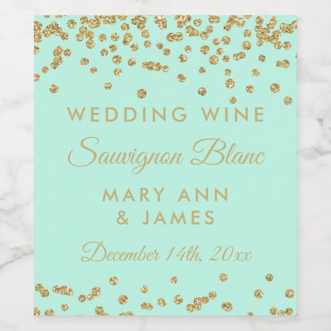 Hochzeitsweinetikett Gold Glitzer Confetti Minze Weinetikett (Einzelnes Label)