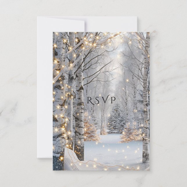 Hochzeitsweiße Birkenbäume schneegelbe Lichter RSVP Karte (Vorderseite)