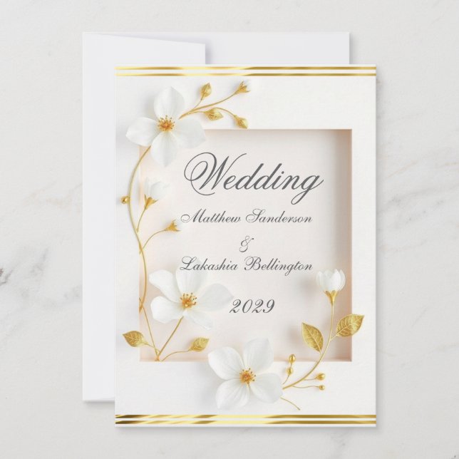 Hochzeitsweiße Blume Gold Schöne Einladung (Vorderseite)