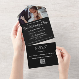 Hochzeitsweiße Orchideen auf Schwarz-Foto-QR-Code- All In One Einladung