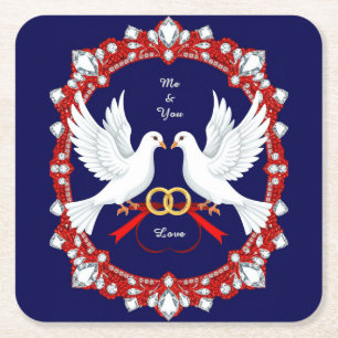 Hochzeitsweiße Tauben mit Jewel Design Rechteckiger Pappuntersetzer