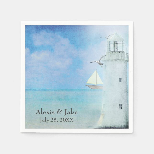 Hochzeitsweißer Leuchtturm und Segelboot Serviette (Vorderseite)
