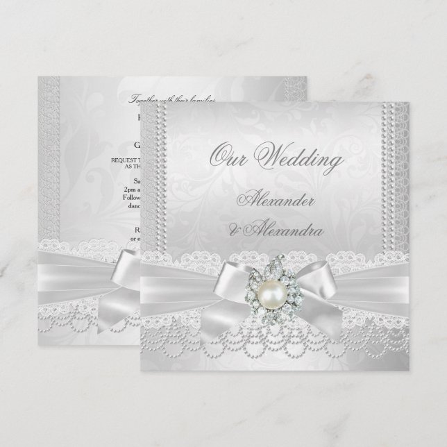 Hochzeitsweißpearl Lace Damask Diamond Silver Einladung (Vorne/Hinten)