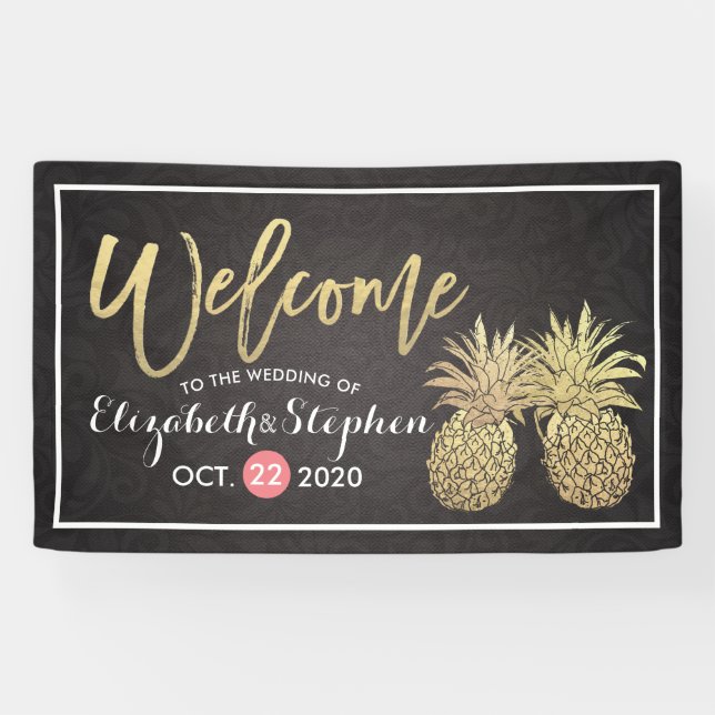 Hochzeitswillkommen Modernes Black Gold Ananas Cou Banner (Horizontal)