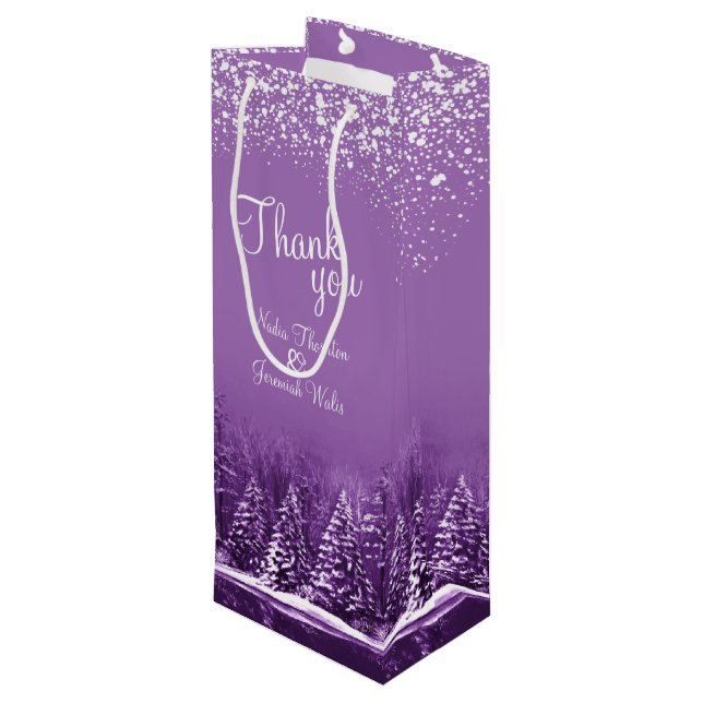 Hochzeitswinterkiefern lila Kunst danke Geschenktüte Für Weinflaschen (Rückseite Schrägansicht)