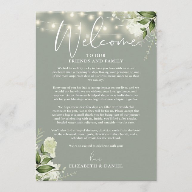 Hochzeitswochenende-Itinerary Sage Grün Floral Programm (Vorderseite)