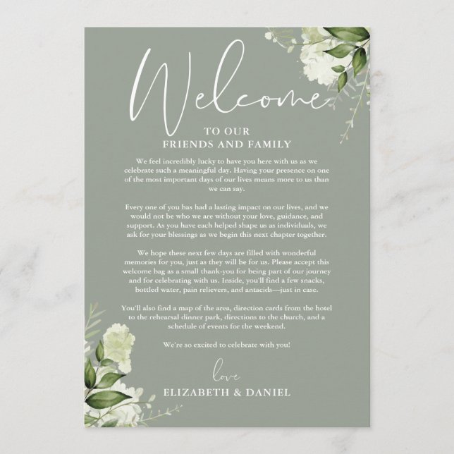 Hochzeitswochenende-Itinerary Sage Grün Floral Programm (Vorderseite)