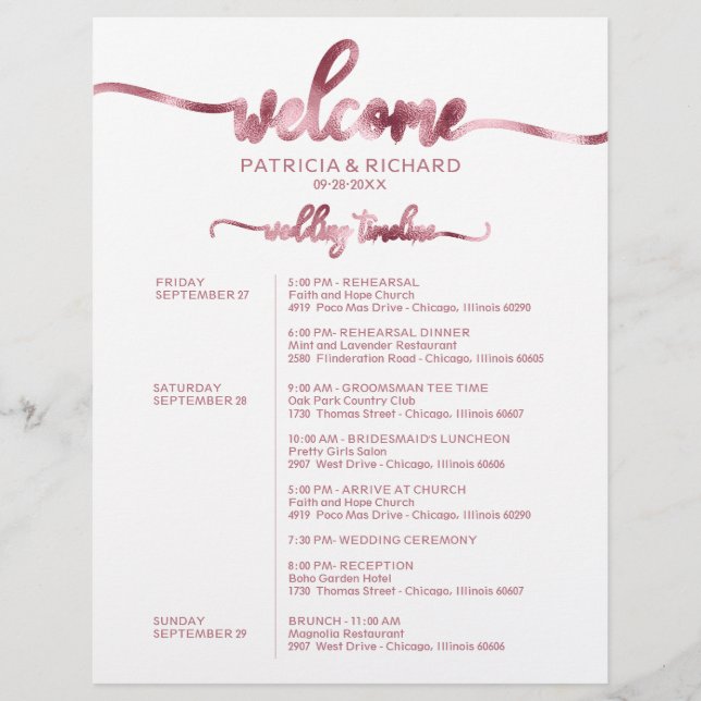 Hochzeitswochenende-Itinerary Simple Chic Zeitplan (Vorderseite)