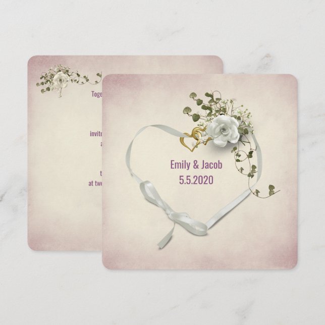 Hochzeitszange und Ringe mit Rosenbukett Einladung (Vorne/Hinten)